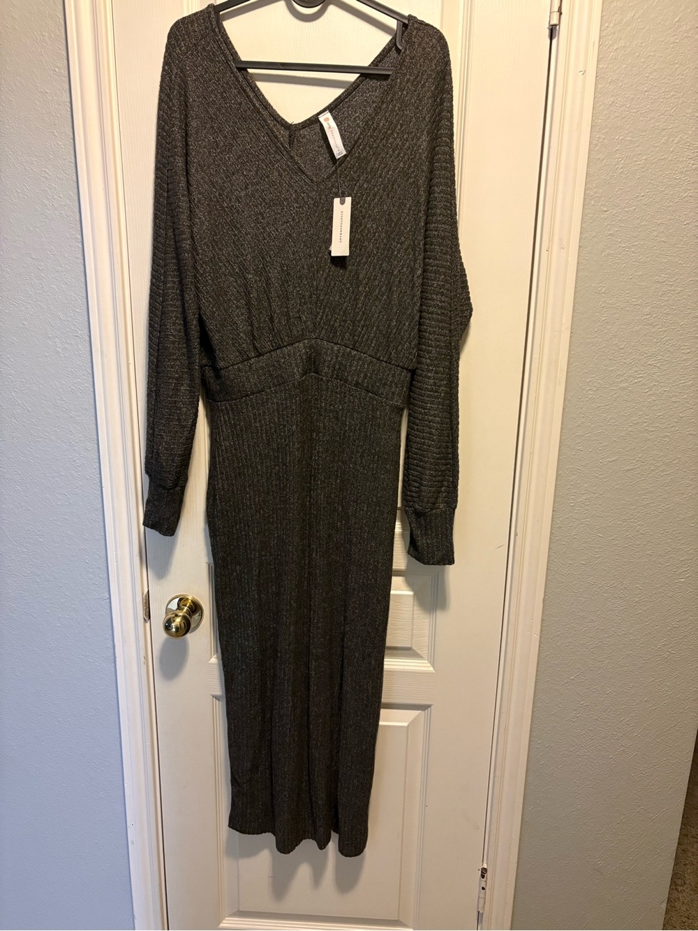 Daily Practice Ribbed V-Neck Long Sleeve Maxi Dress - Charcoal/Brown Size S